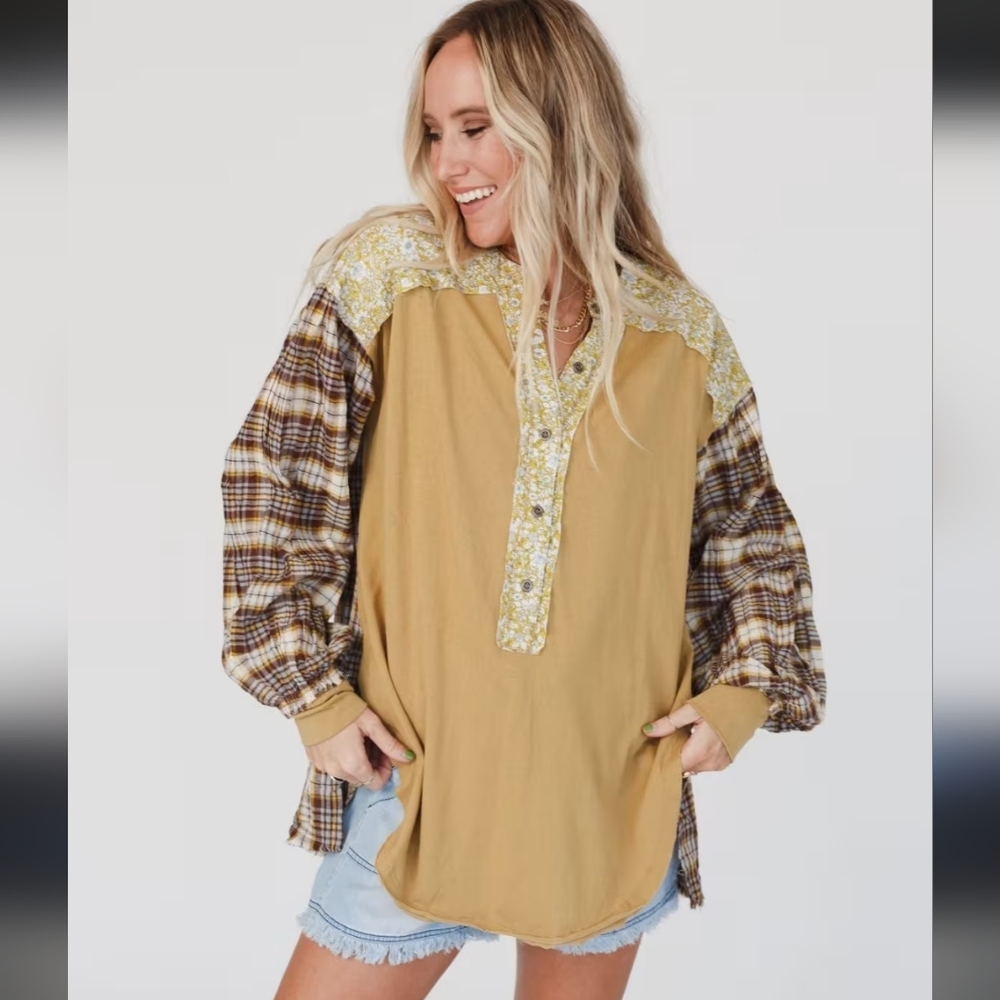 Three Bird Nest Mustard Yellow Patchwork Boho Blouse with Plaid Sleeves